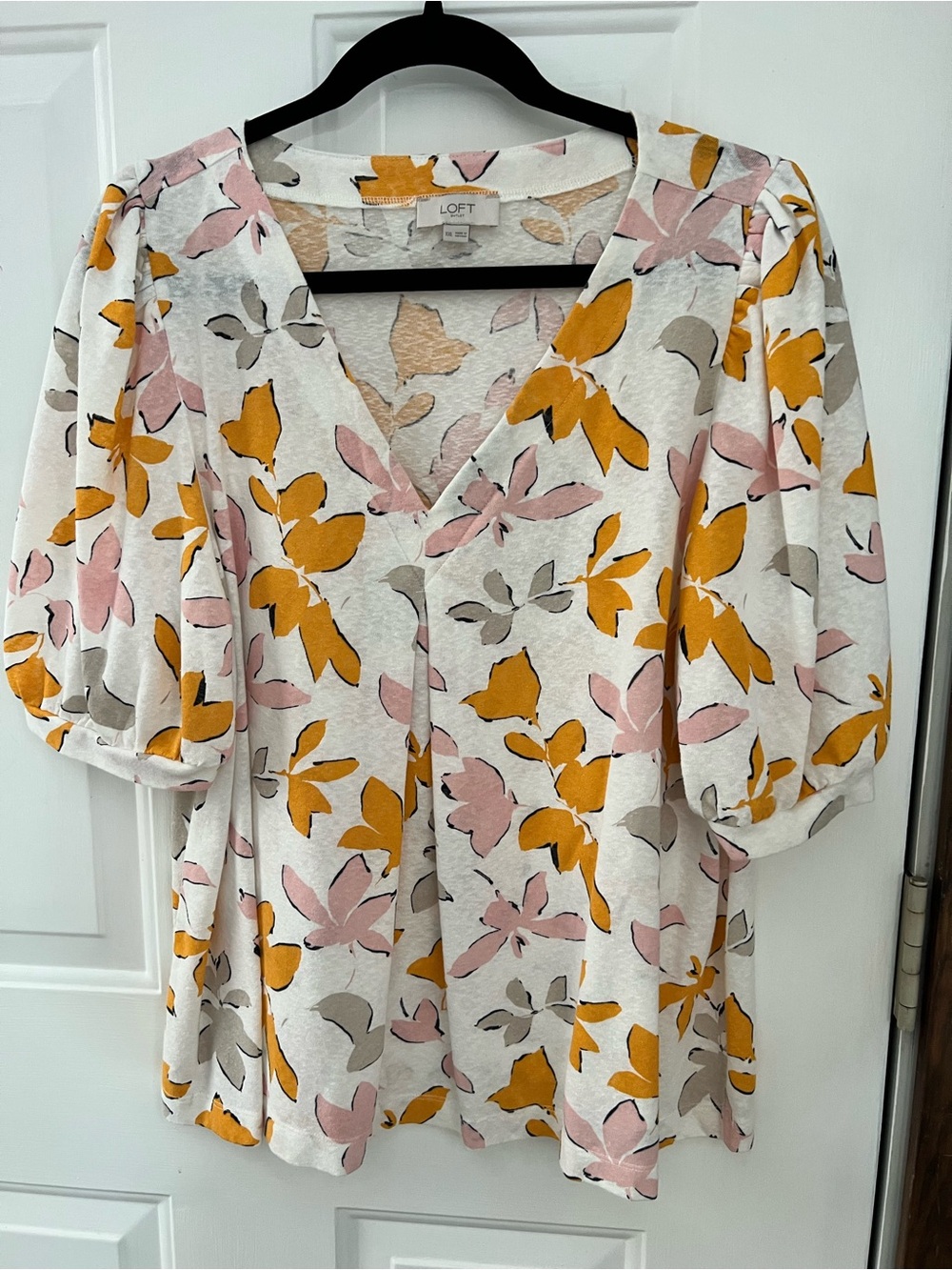 LOFT White V-Neck Puff Sleeve Top with Pink & Mustard Floral Print